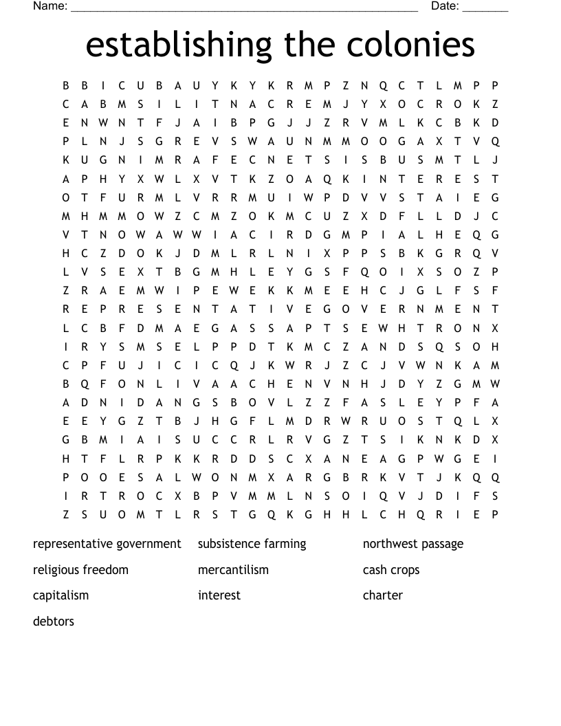 establishing the colonies Word Search