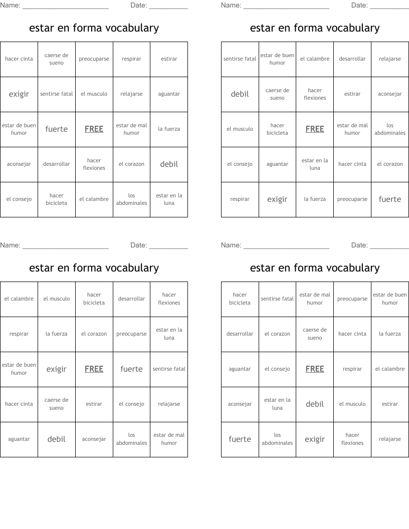estar en forma vocabulary  Bingo Cards