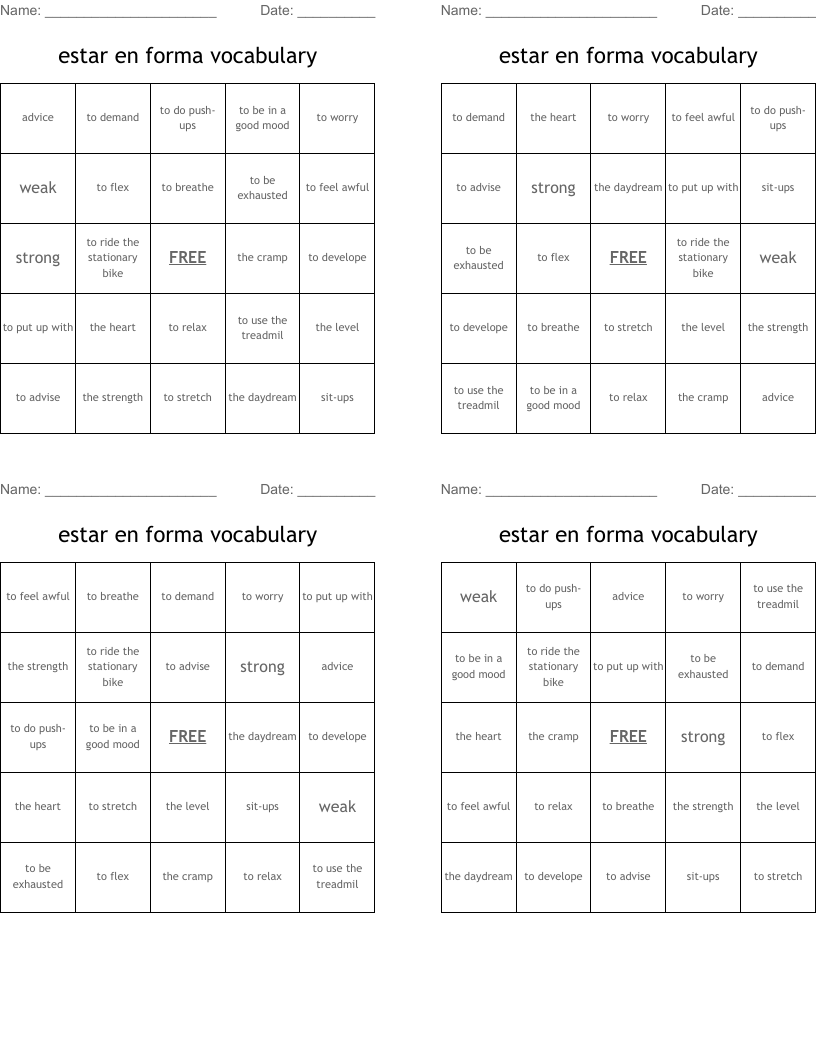 estar en forma vocabulary  Bingo Cards