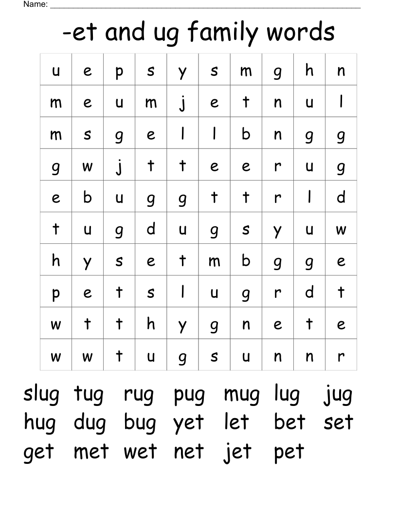 -et and ug family words Word Search