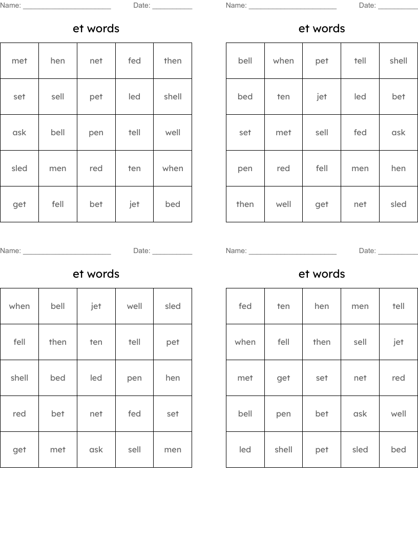 et words Bingo Cards