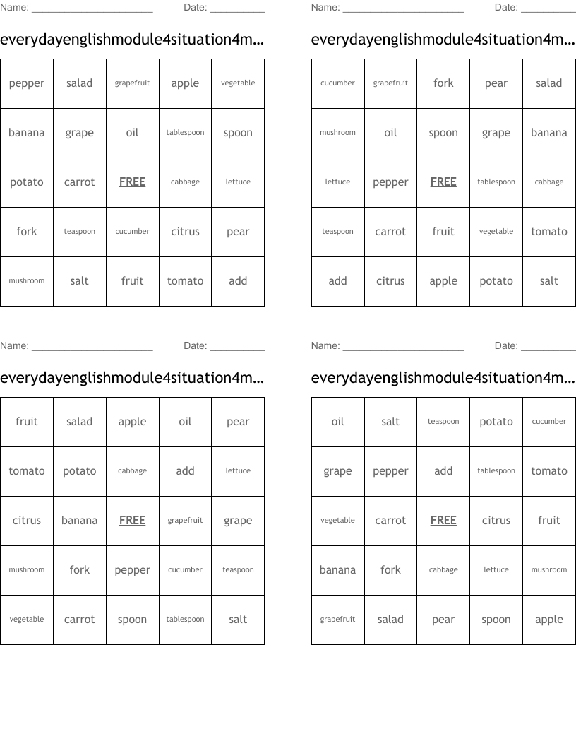 everydayenglishmodule4situation4makingsalads Bingo Cards