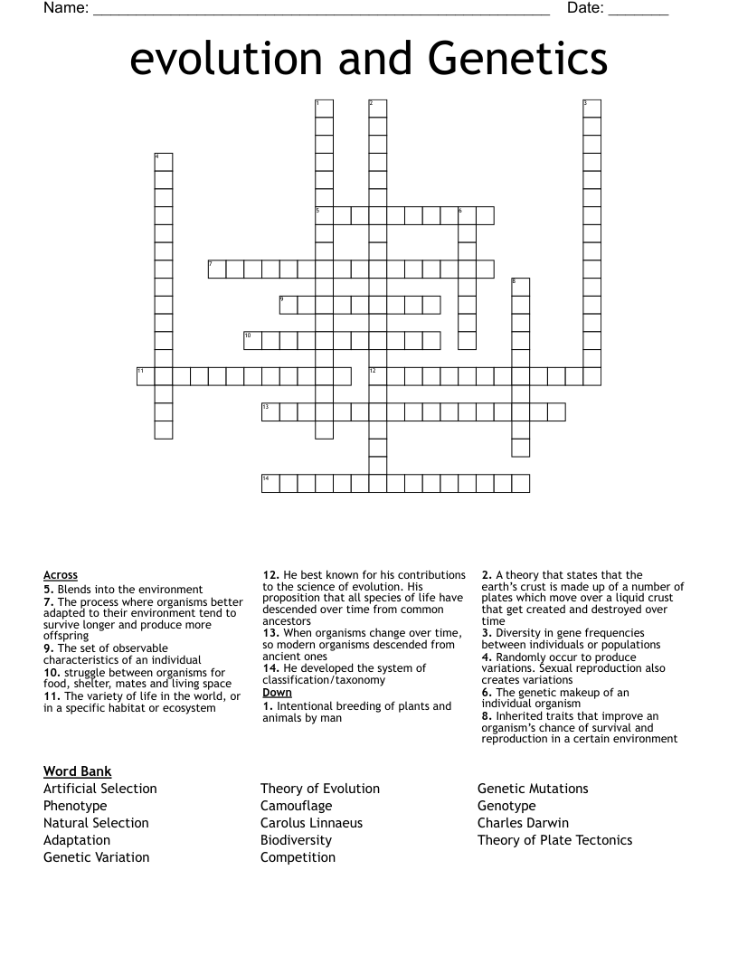 evolution and Genetics Crossword