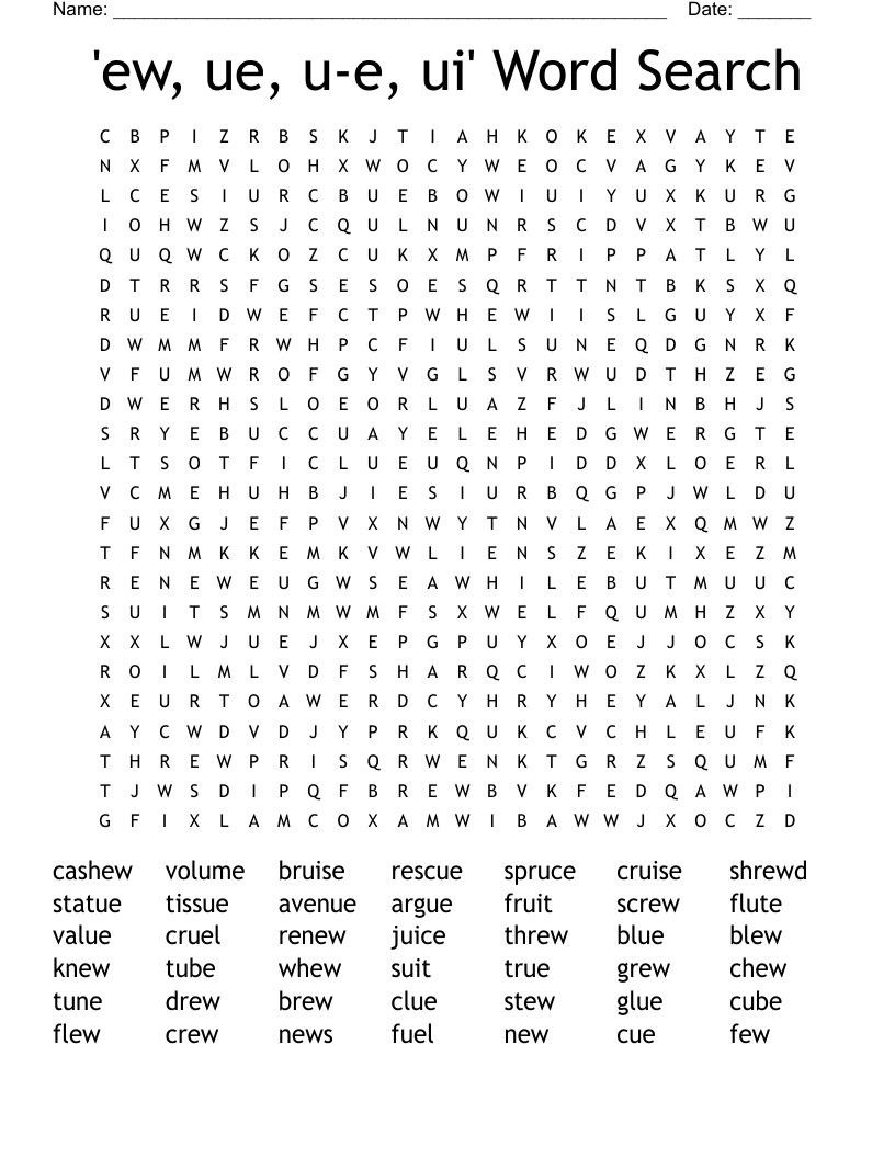 'ew, ue, u-e, ui' Word Search