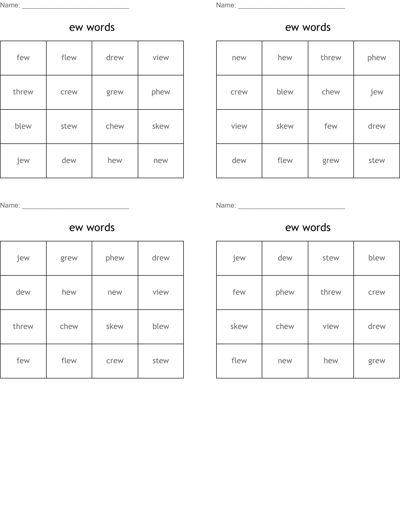 ew words Bingo Cards