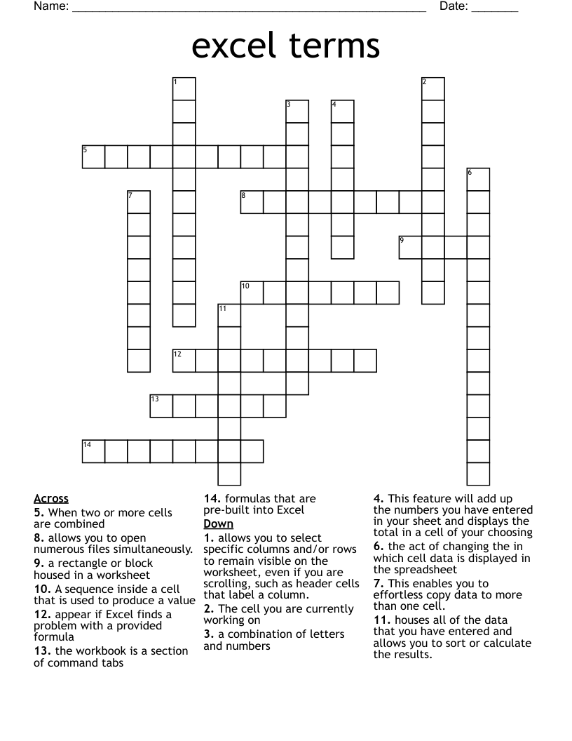 excel terms Crossword