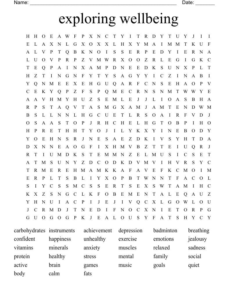 exploring wellbeing Word Search