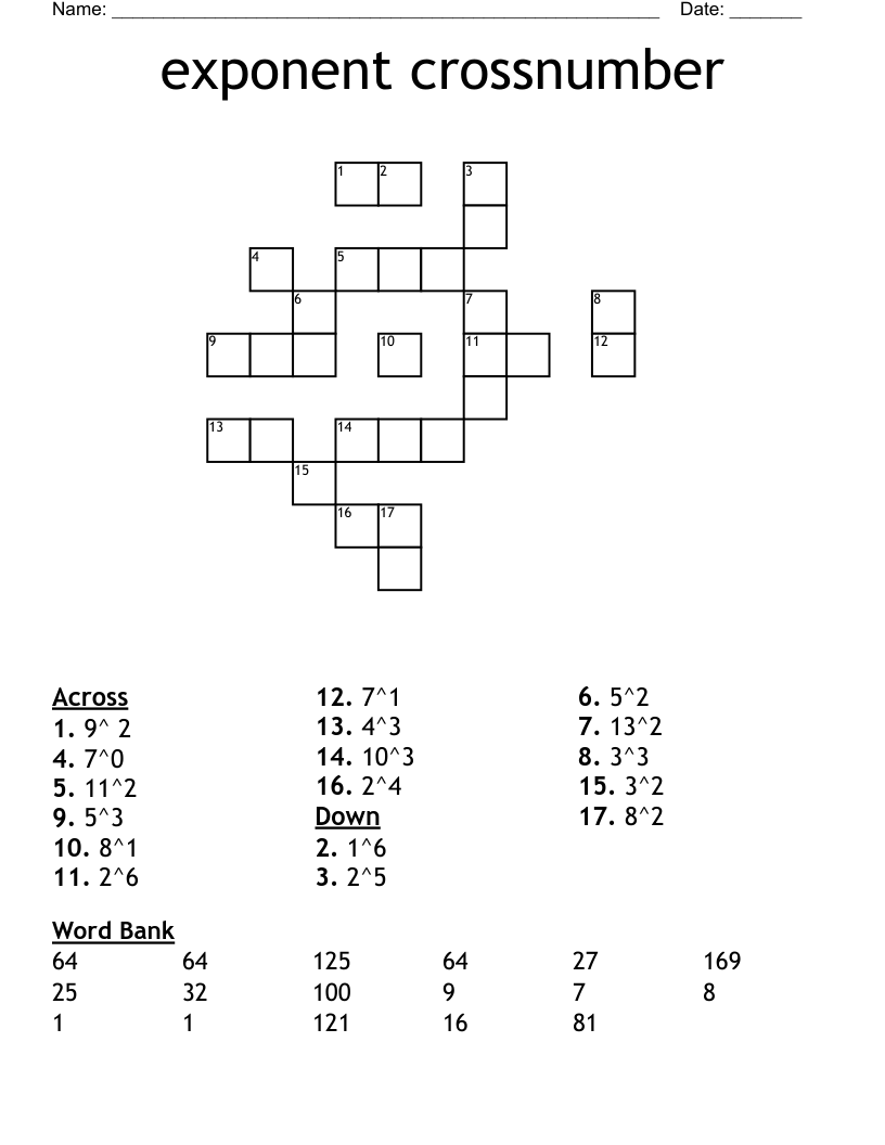 exponent crossnumber Crossword
