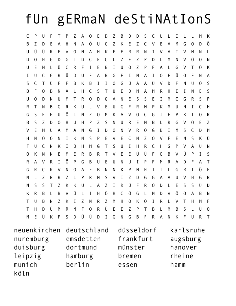 fUn gERmaN deStiNAtIonS Word Search