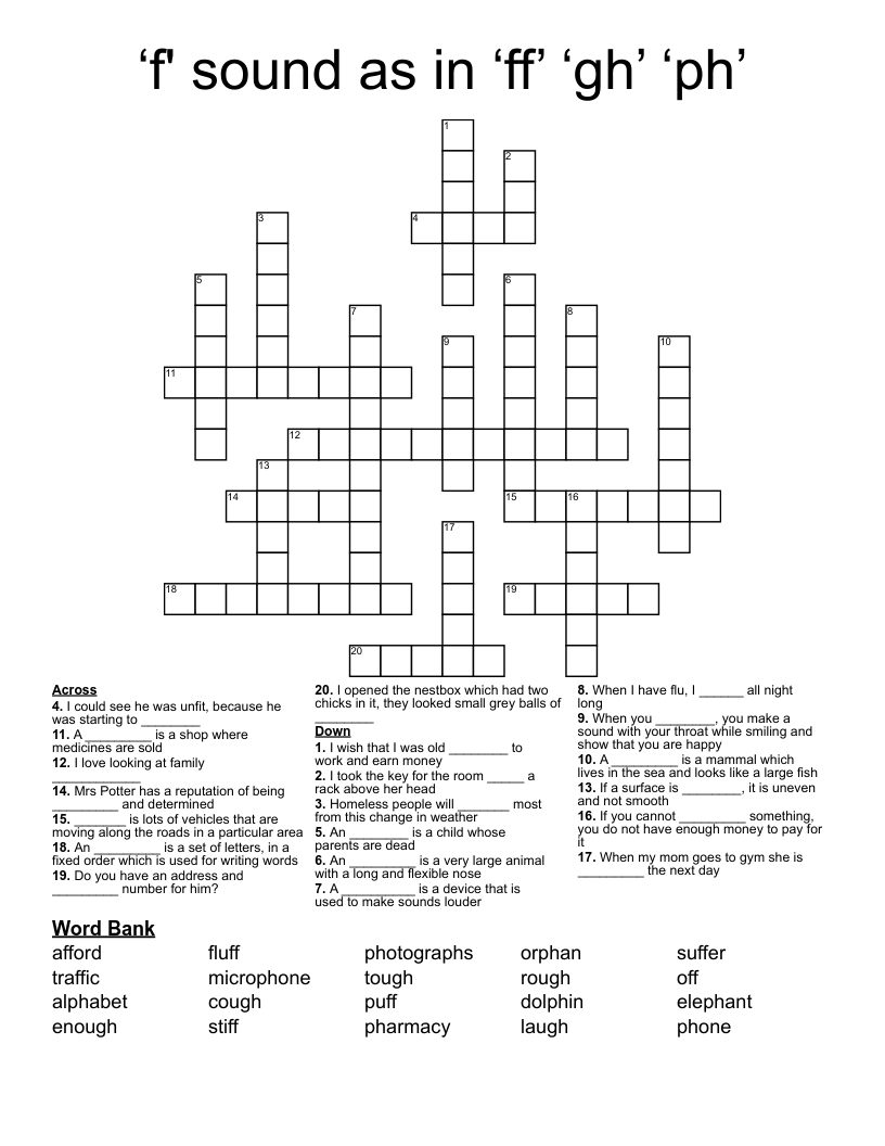 ‘f' sound as in ‘ff’ ‘gh’ ‘ph’  Crossword