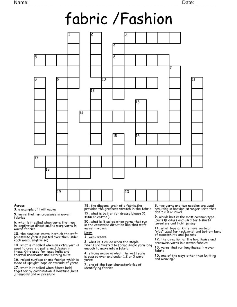 fabric /Fashion  Crossword