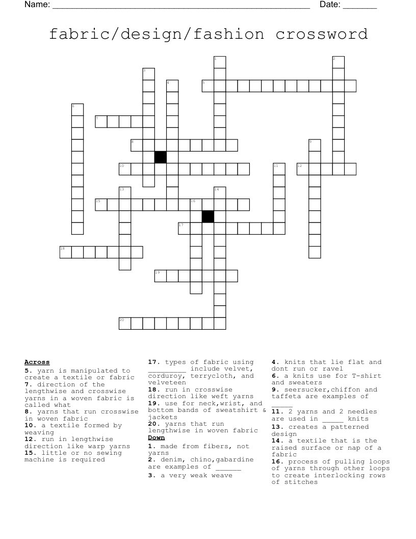 fabric/design/fashion crossword 
