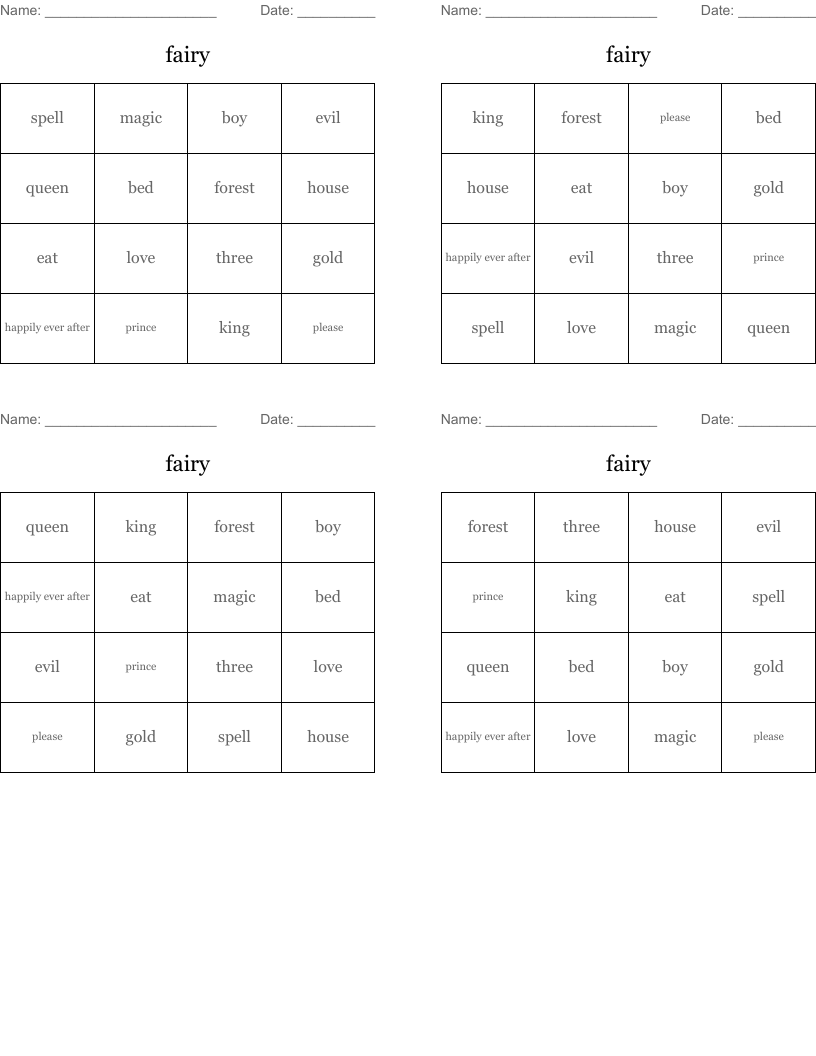 fairy Bingo Cards