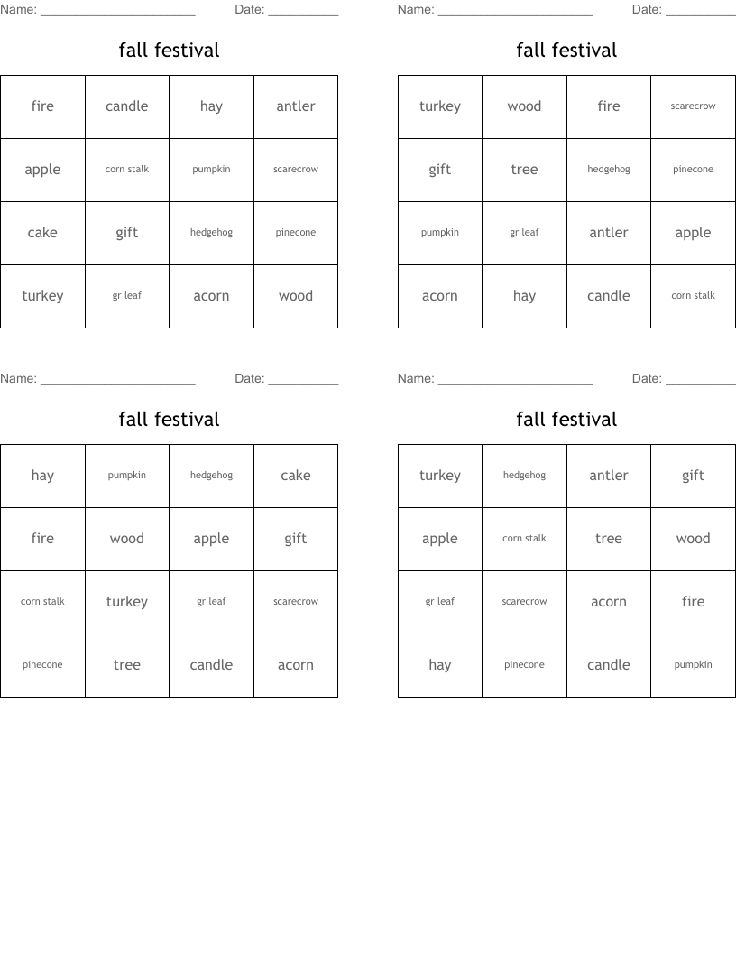 fall festival Bingo Cards