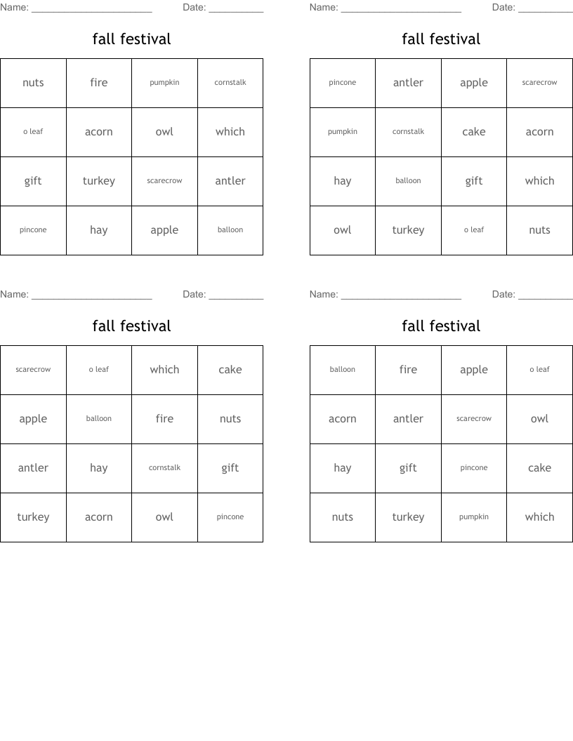 fall festival Bingo Cards