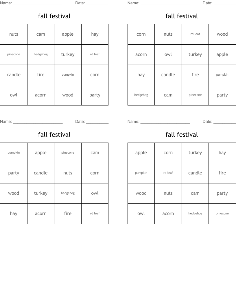 fall festival Bingo Cards