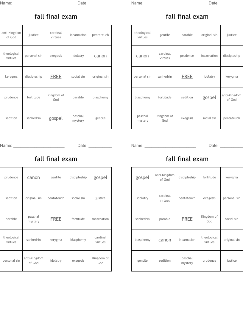 fall final exam Bingo Cards