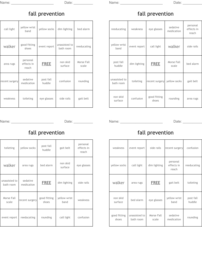 fall prevention Bingo Cards