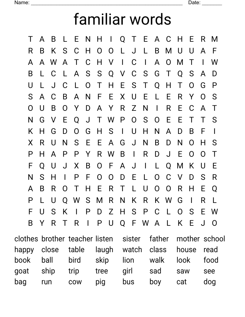 familiar words Word Search