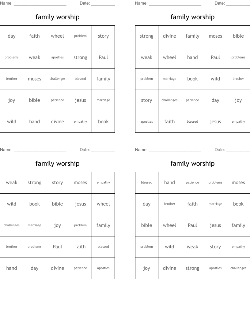 family worship Bingo Cards