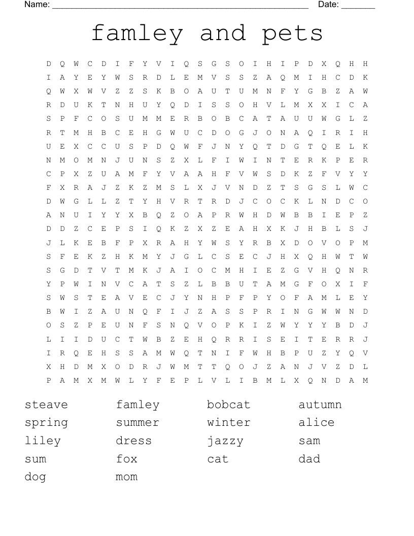 famley and pets Word Search