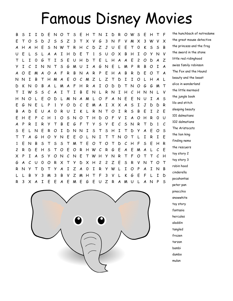 Famous Disney Movies Word Search