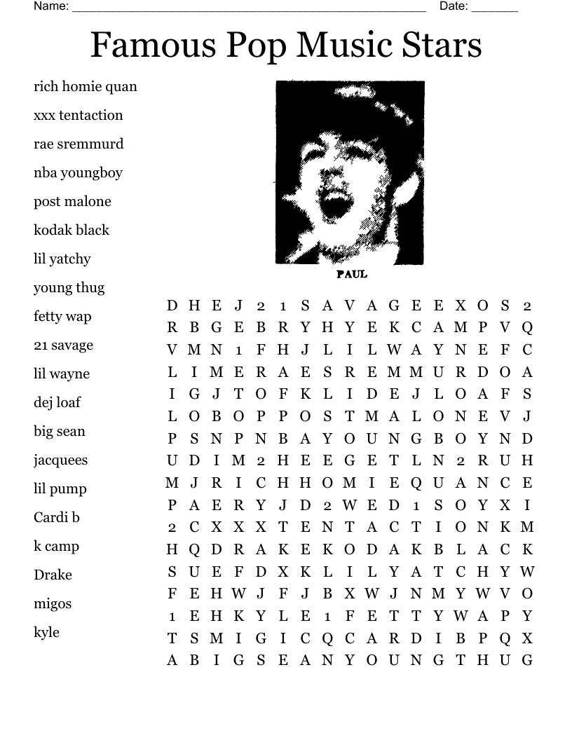 Famous Pop Music Stars Word Search