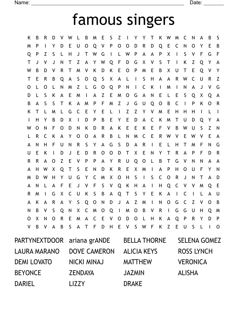 famous singers Word Search