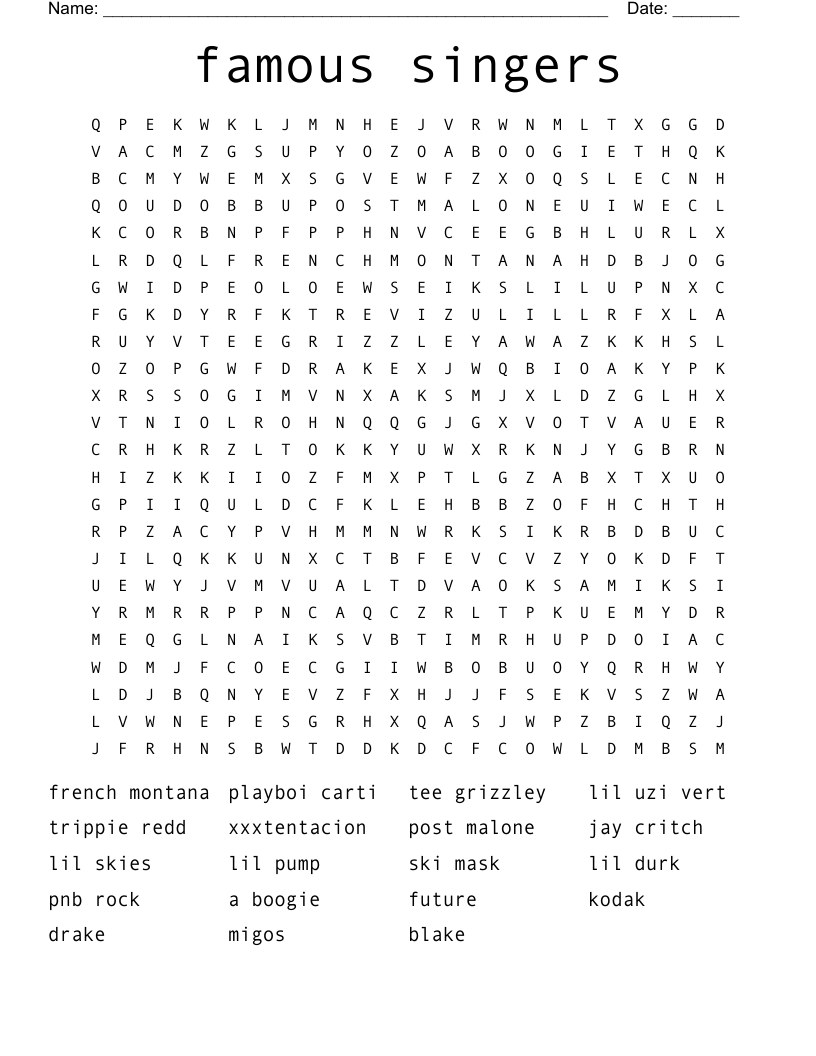 famous singers Word Search