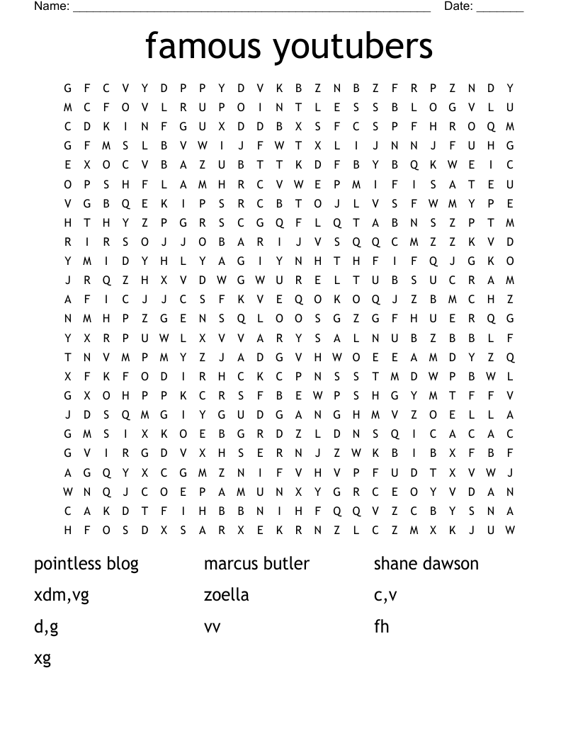 famous youtubers Word Search