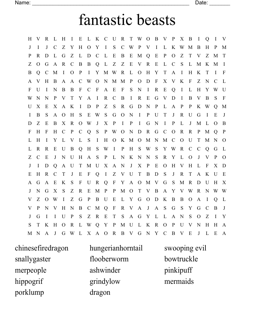 fantastic beasts Word Search