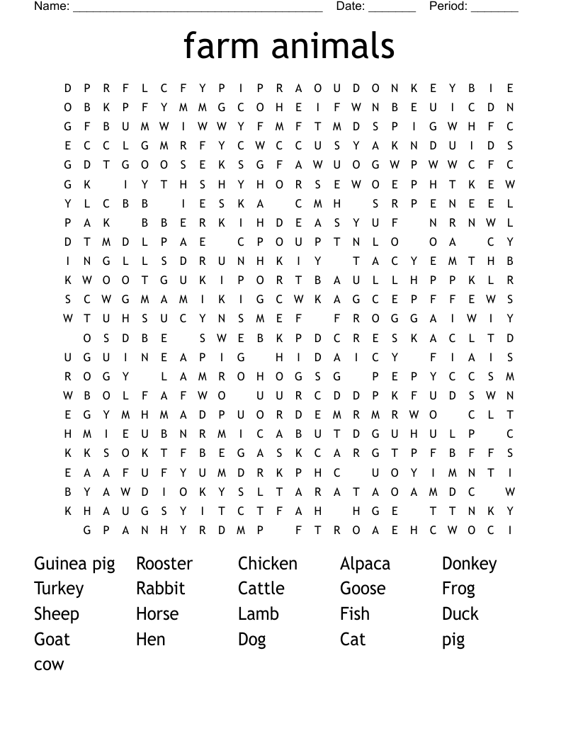 farm animals Word Search