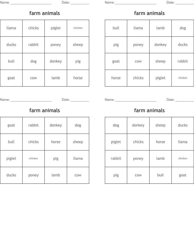 farm animals Bingo Cards