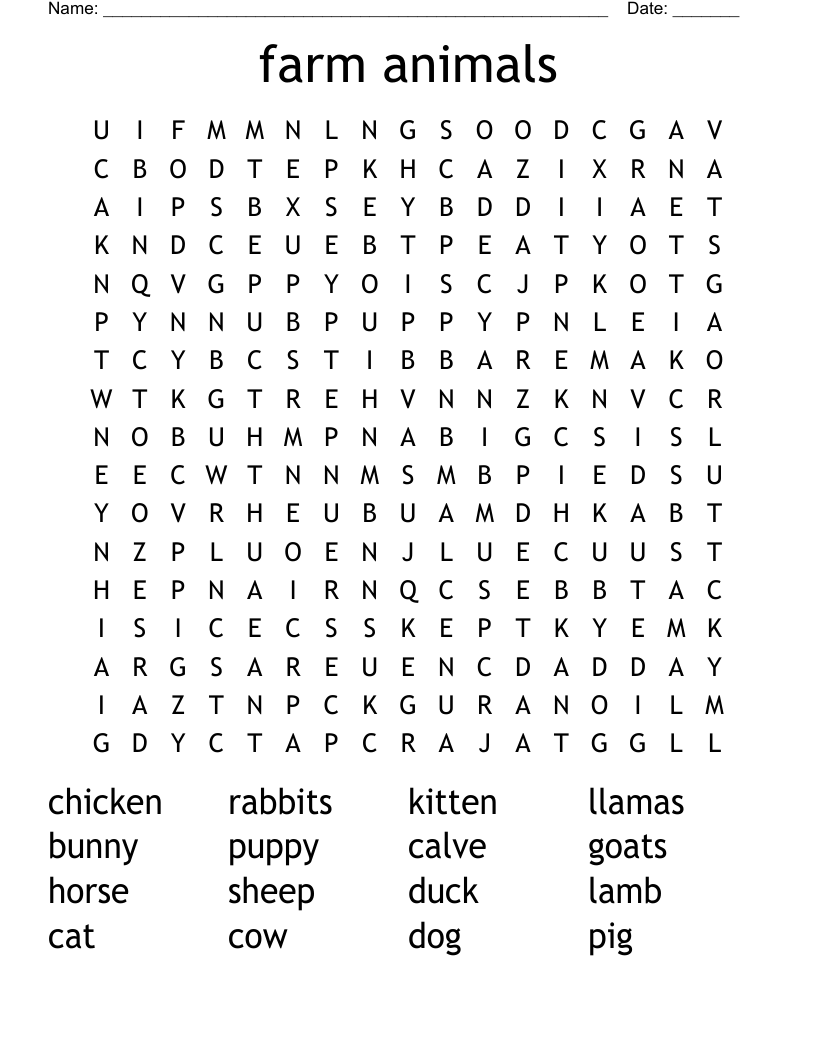 farm animals Word Search