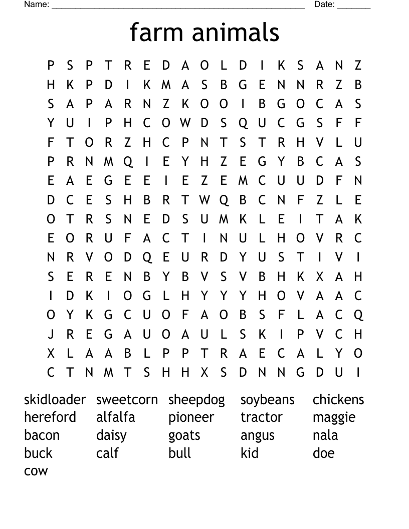 farm animals Word Search