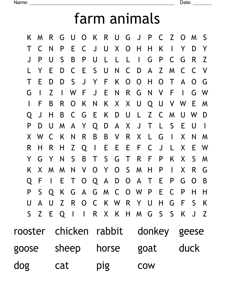 farm animals Word Search