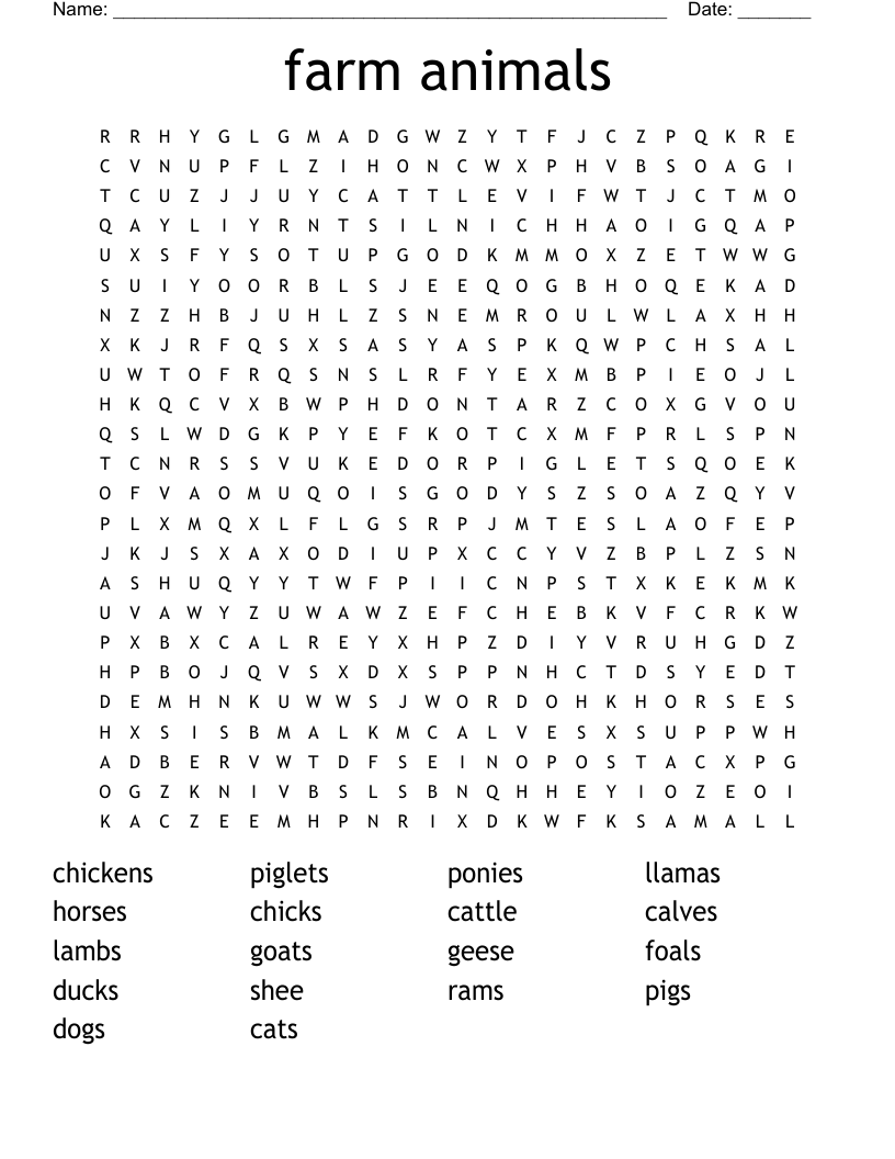 farm animals Word Search