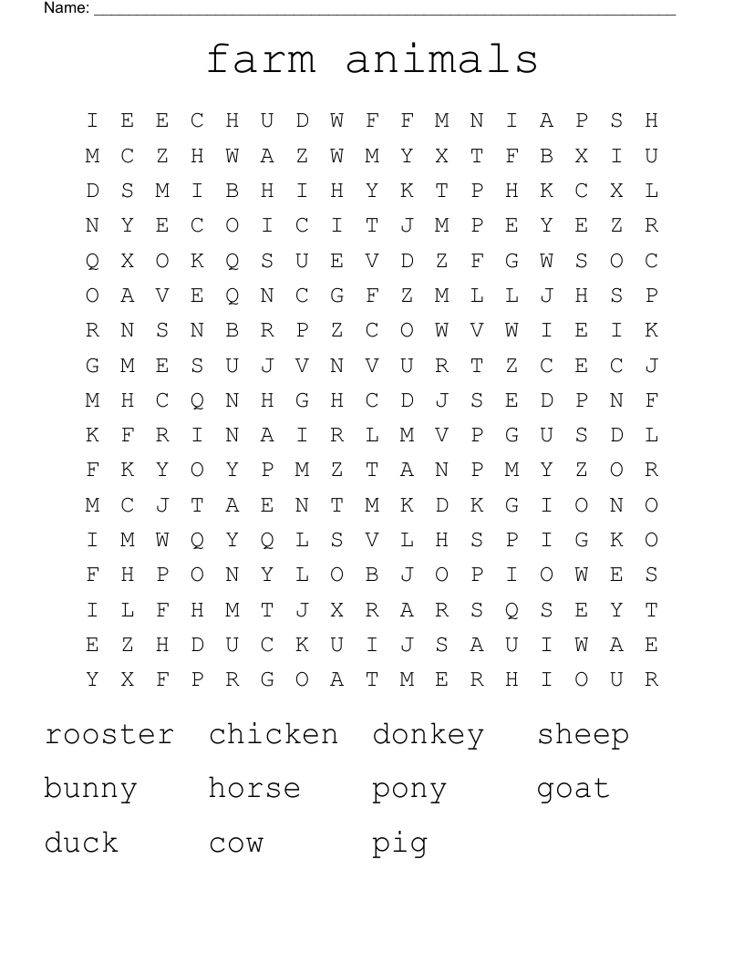 farm animals Word Search