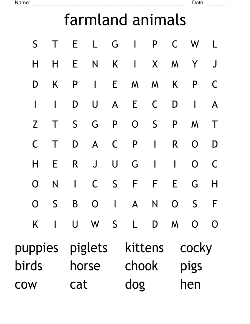 farmland animals Word Search