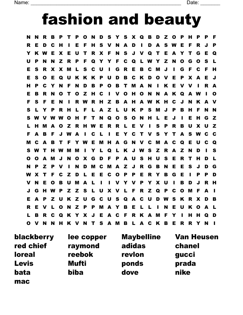 fashion and beauty Word Search