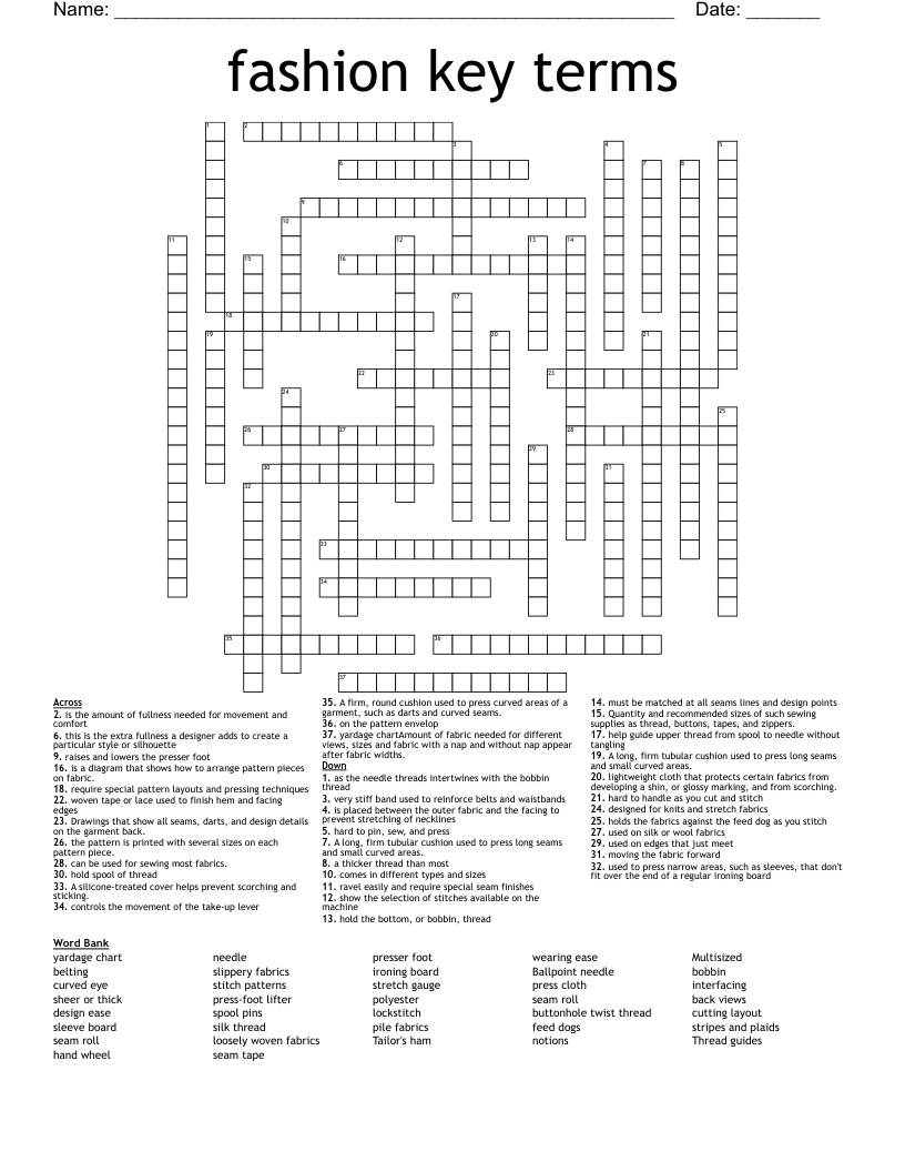 fashion key terms Crossword