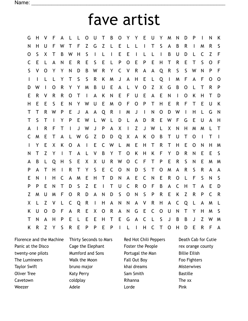 fave artist Word Search