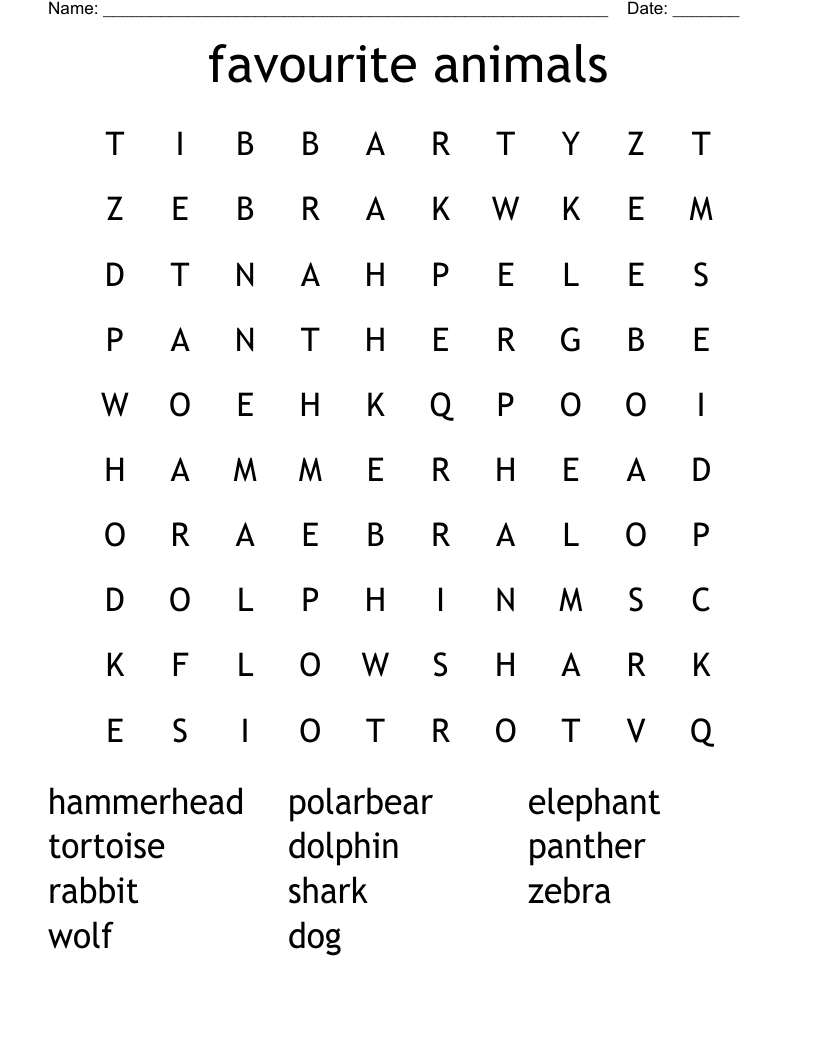 favourite animals Word Search