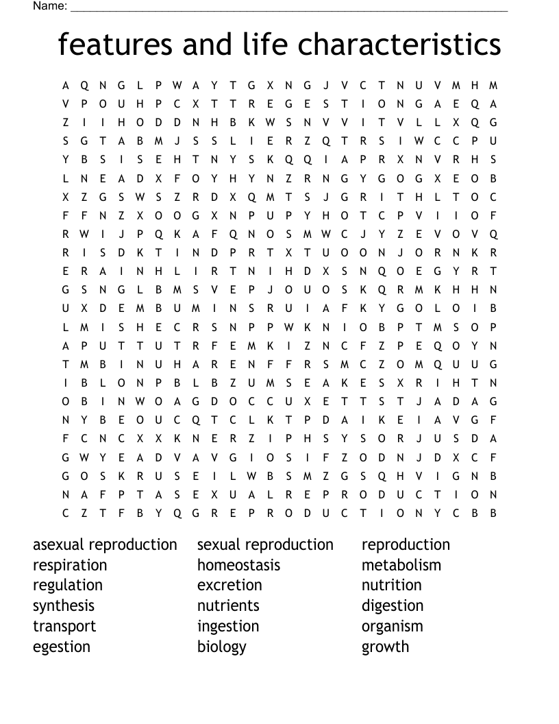features and life characteristics Word Search