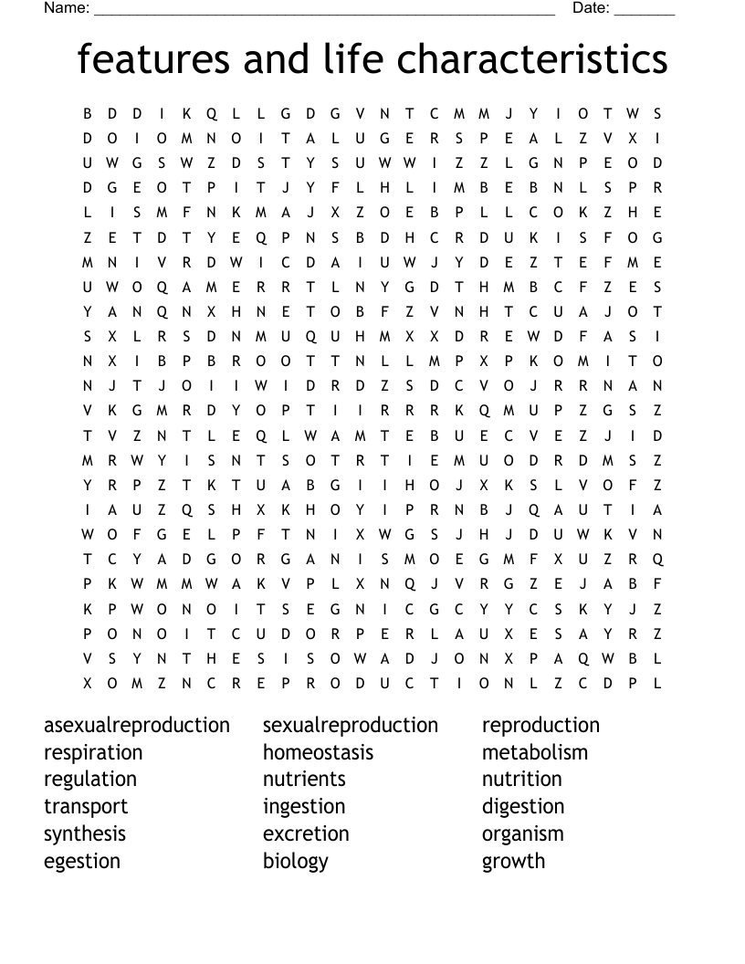 features and life characteristics Word Search