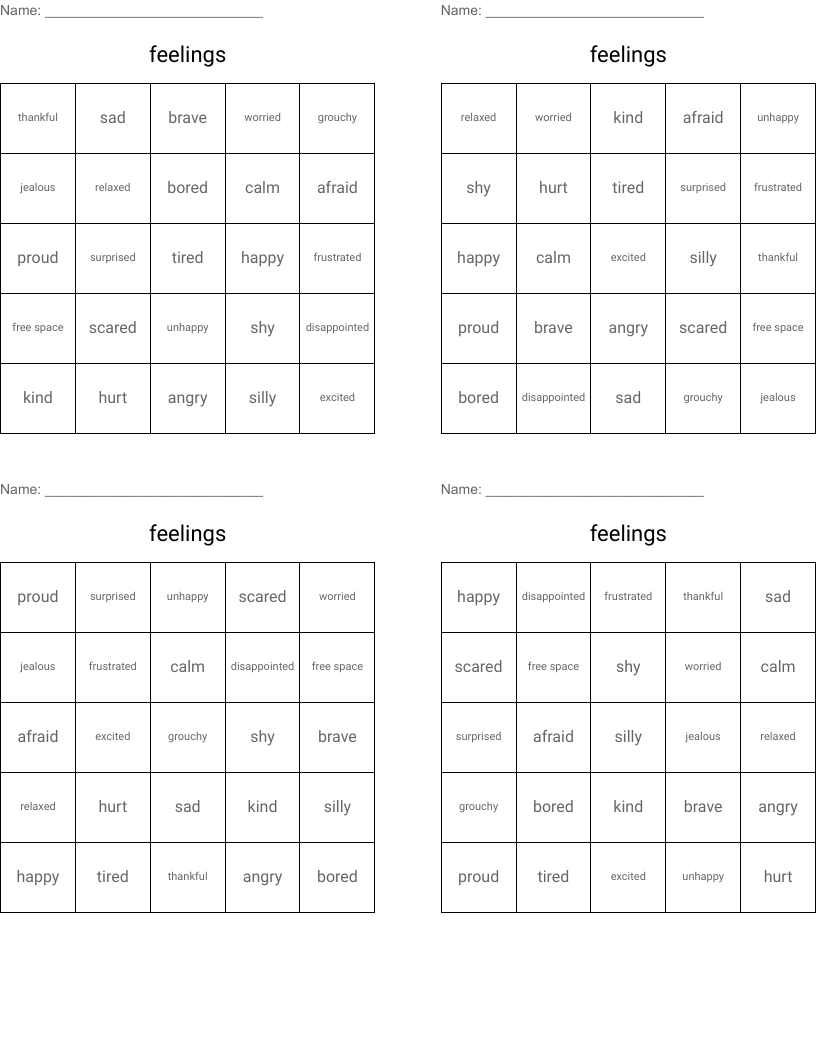 feelings Bingo Cards