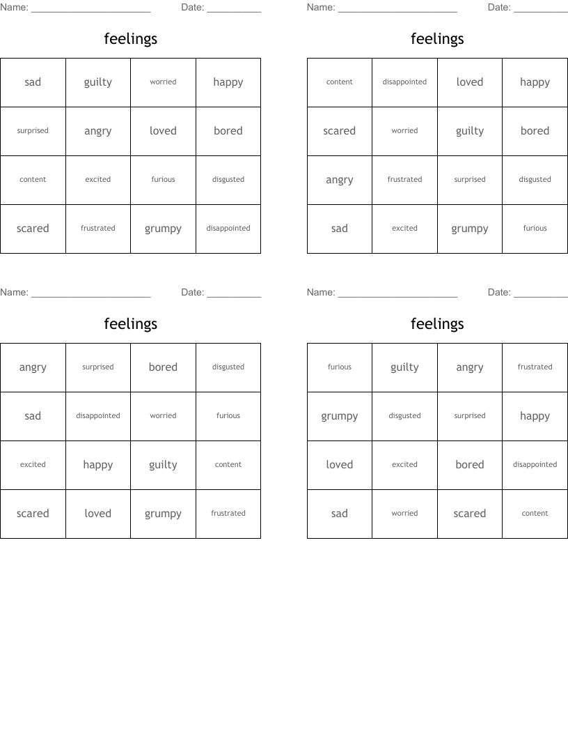 feelings Bingo Cards