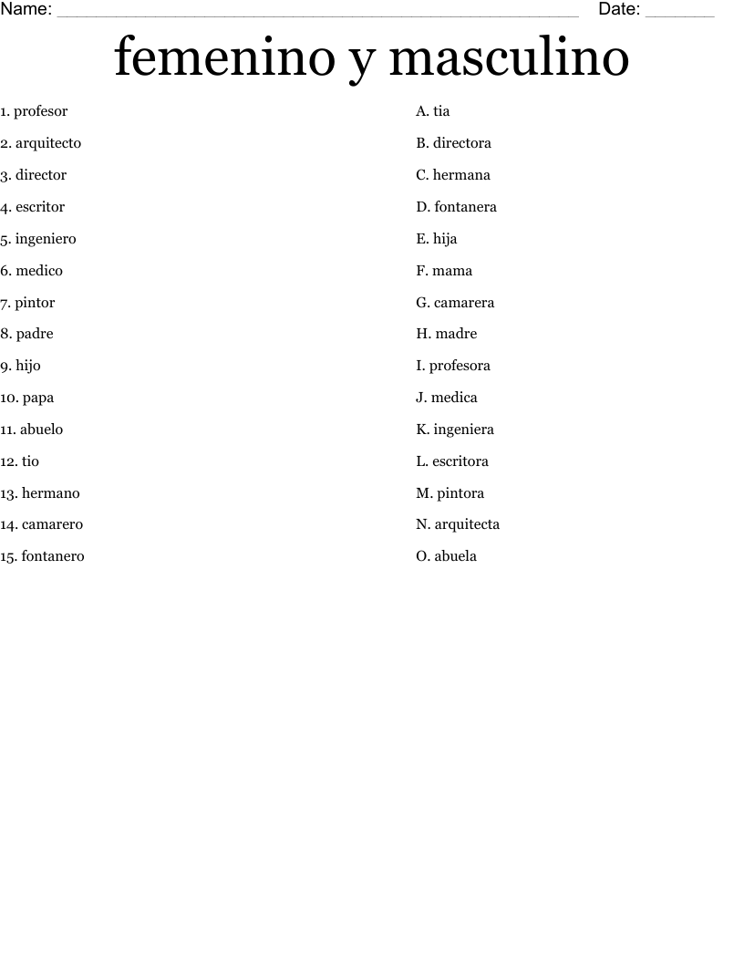 femenino y masculino Worksheet