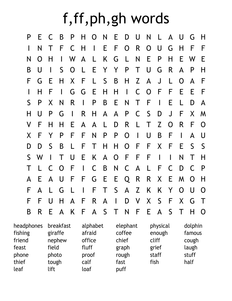 f,ff,ph,gh words Word Search
