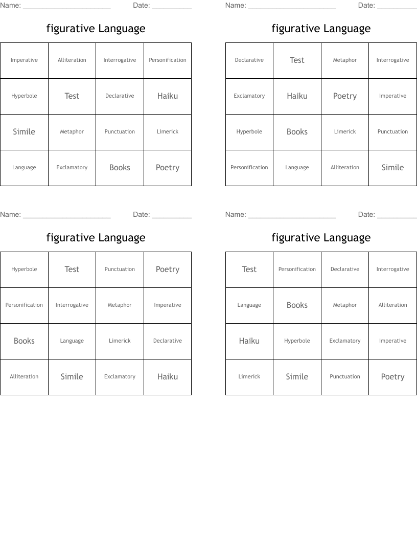 figurative Language Bingo Cards